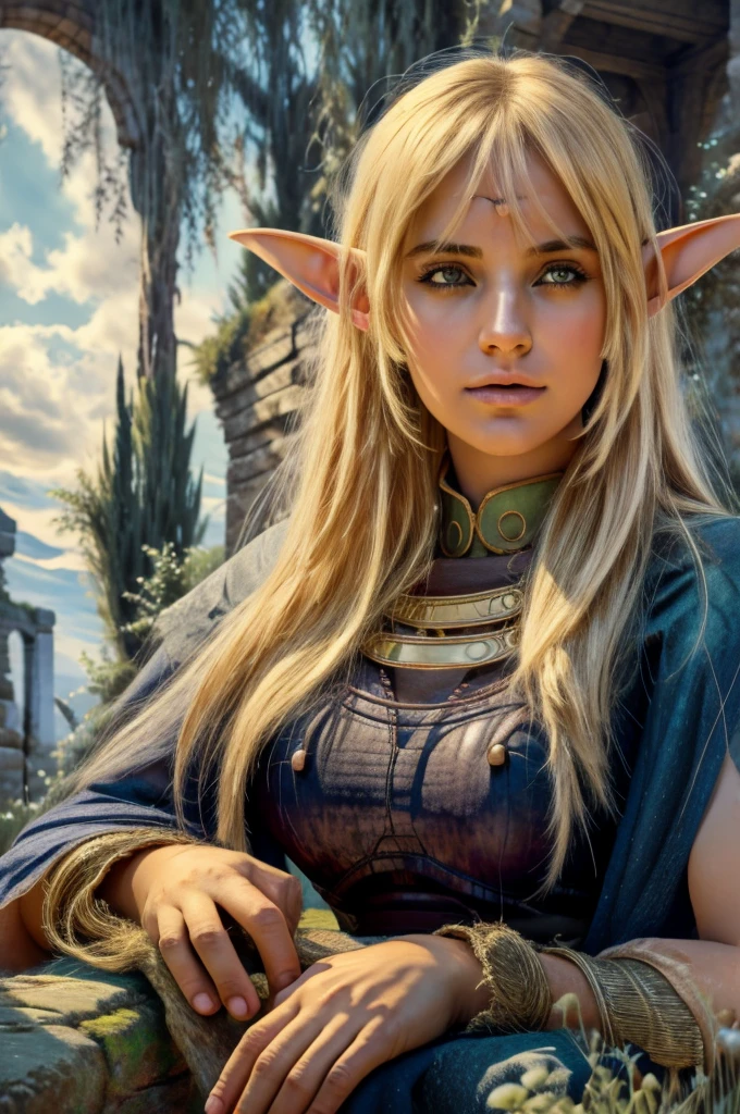 1girl, deedlit, blond elf, sitting gracefully on ancient stone bench, playing lute, long flowing hair, flowing cloak, soft breeze, detailed face, beautiful detailed eyes, beautiful detailed lips, extremely detailed face and features, hyperrealistic, photorealistic, 8k, cinematic lighting, dramatic atmosphere, fantasy landscape, ancient ruins, mossy stones, warm color palette