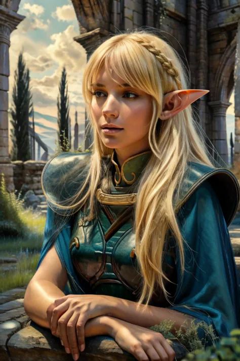 1girl, deedlit, blond elf, sitting gracefully on ancient stone bench, playing lute, long flowing hair, flowing cloak, soft breez...