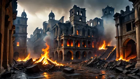 Big city, destroyed and engulfed in flames, HDR wide view, better image quality, debris, pile of stones, light rain, sharp light...