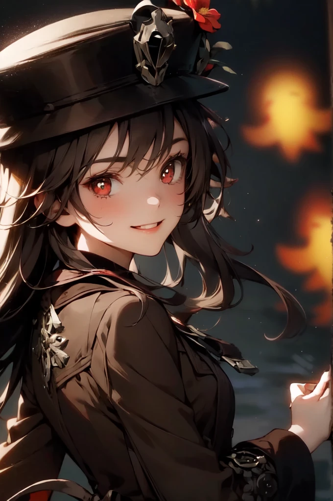 1 girl solo, brown jacket, long brown hair, red eyes, brown hat with red flowers, white ghost smiling, outside in a swampy forest at night, swamp lights, ghost figures around, blue lights flying in the air, will-o-the-wisp