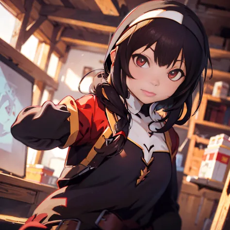 (((megumin dressed as a nun))), ((brown hair)), ((red eyes)), medieval, fantasy, magic, dungeons and dragons, ember particles, p...