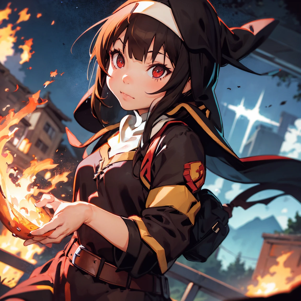 (((megumin dressed as a nun))), ((brown hair)), ((red eyes)), medieval, fantasy, magic, dungeons and dragons, ember particles, particles, flares, sharpened, chromatic aberration, masterpiece:6, best quality:5, realistic hands, (((split complementary palette))), bokeh, light, rim lighting:1, post processing, dslr, wide angle shot, in the style of Ilya Kuvshinov