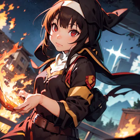 (((megumin dressed as a nun))), ((brown hair)), ((red eyes)), medieval, fantasy, magic, dungeons and dragons, ember particles, p...