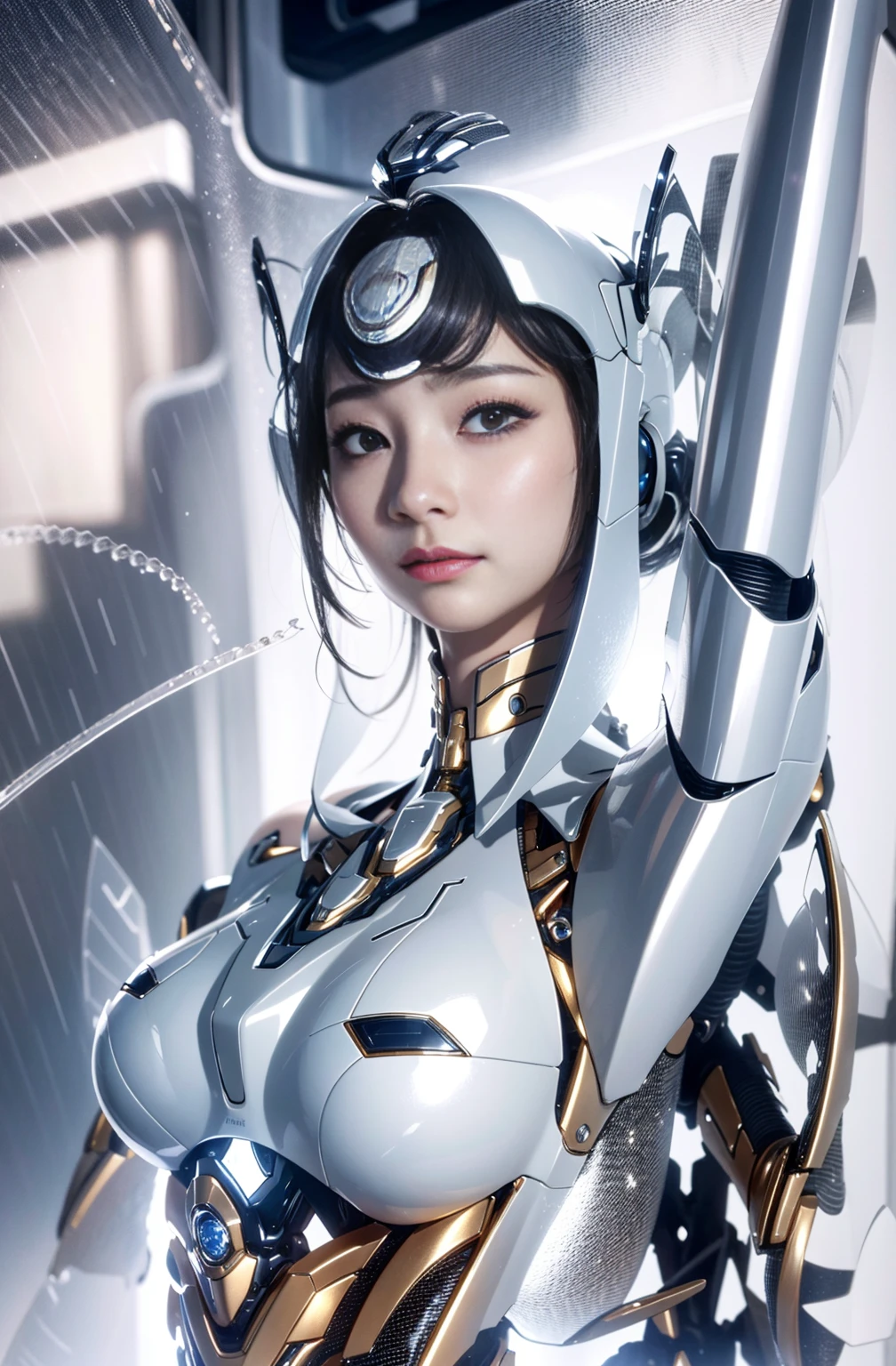 Outstanding，Super Detail, High Detail, high quality, best quality, High resolution，1 female robot，Beautiful female robot,beautiful clear face(Rain waves_haneame：1.5),Mechanical body(Smooth metal surface，armor，Mechanical seams of skin，beautiful body curves)，High-tech mechanical armor(Mechanical Technology，Highlight breast contour)