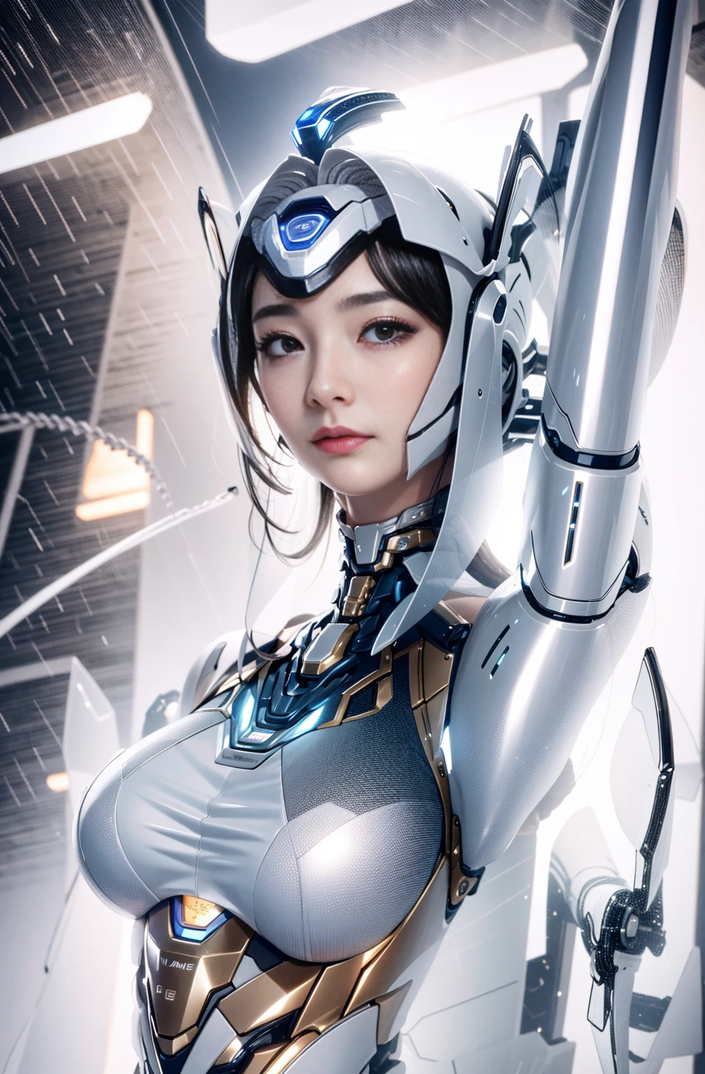 Outstanding，Super Detail, High Detail, high quality, best quality, High resolution，1 female robot，Beautiful female robot,beautiful clear face(Rain waves_haneame：1.5),Mechanical body(Smooth metal surface，armor，Mechanical seams of skin，beautiful body curves)，High-tech mechanical armor(Mechanical Technology，Highlight breast contour)