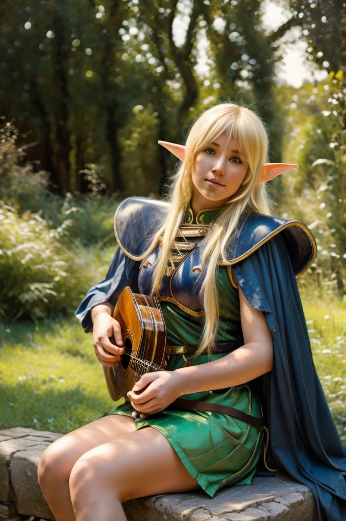 blond elf Deedlit from Record of Lodoss War, sitting gracefully on an ancient stone bench. playing her lute guitar. long hair and cloak gently fluttering in the soft breeze. dappled sunlight 