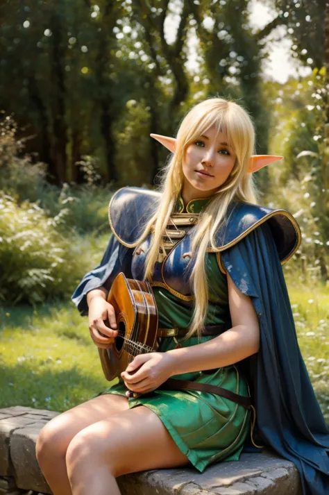 blond elf Deedlit from Record of Lodoss War, sitting gracefully on an ancient stone bench. playing her lute guitar. long hair an...