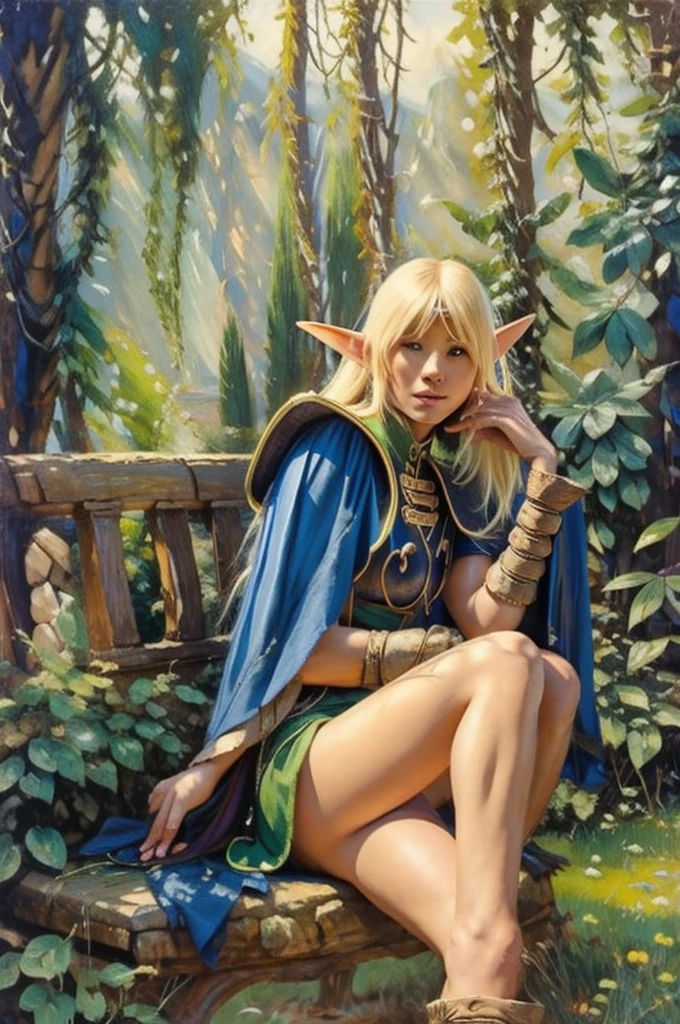 blond elf Deedlit from Record of Lodoss War, sitting gracefully on an ancient stone bench. playing her lute guitar. long hair and cloak gently fluttering in the soft breeze. dappled sunlight 