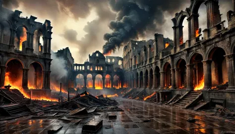 Big city, destroyed and engulfed in flames, wide view HDR, better image quality, debris, light rain, sharp lighting, dramatic, i...