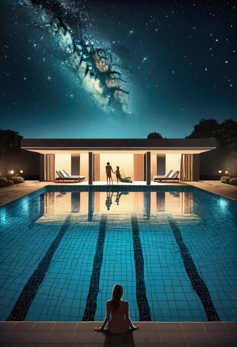 (fêtes à la piscine, personnes), La piscine est sous le ciel étoilé, avec la surface de la piscine réfléchissant la lumière des étoiles. Les gens profitent de la tranquillité de la nuit dans la piscine, avec de petites lumières flottant comme des étoiles. Le tout est plein de romantisme et de mystère, tout le corps, (la photographie), Vue panoramique, primé, image cinématographique, Émotionnel, vignette, dynamique, Vif, (chef-d&#39;œuvre, Meilleure qualité, professionnel, composition parfaite, très esthétique, absurdes, ultra-détaillé, détails complexes:1.3)