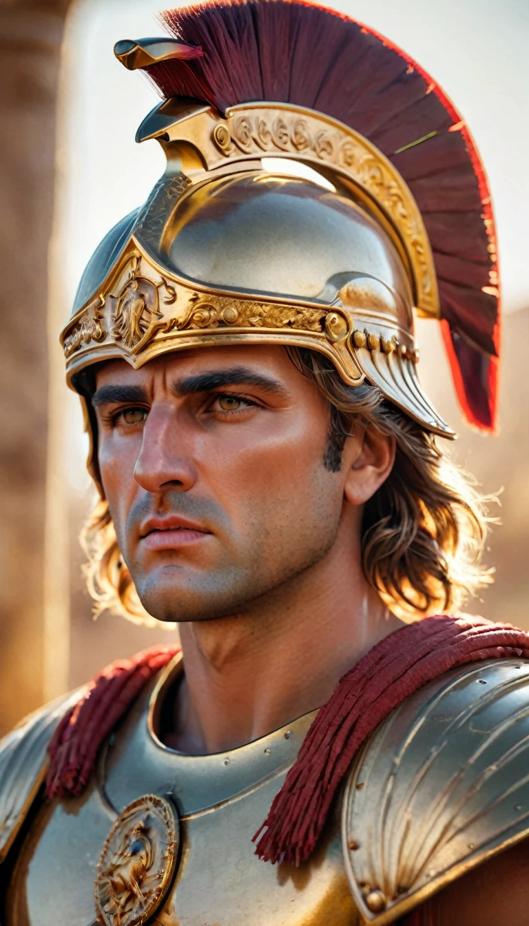 "صورة واقعية للإسكندر الأكبر, قائد عسكري يوناني قديم, يرتدي الدروع والخوذة المقدونية التقليدية, بتعبير محدد, مفصلة ودقيقة تاريخيا."