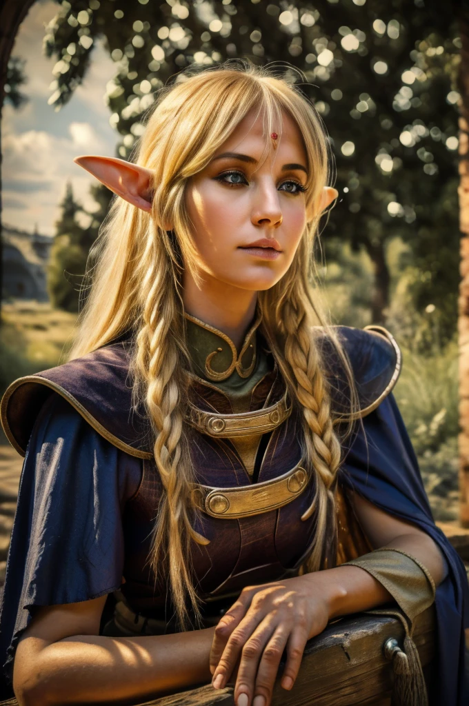 1girl, blond elf Deedlit from Record of Lodoss War, sitting gracefully on an ancient stone bench, playing her lute, long hair and cloak gently fluttering in the soft breeze, dappled sunlight, detailed face and eyes, extremely detailed intricate ornate details, (best quality,4k,8k,highres,masterpiece:1.2),ultra-detailed,(realistic,photorealistic,photo-realistic:1.37),fantasy,cinematic lighting,warm color tones,detailed wood texture,highly detailed stone texture,cinematic composition,intricate detailed background