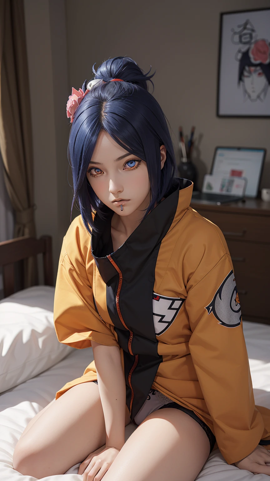 girl , Girl  ,  , short hair, hair ornament, blue hair, legs , sitting on the bed , small, panties, bra, Sexual тело , underwear, Sexual , bra, panties, one flower, hair цветок, (orange eyes:1.2), (labret piercing:1.2), eyeshadow, (Akatsuki uniform:1.5), Akatsuki \(naruto\),BREAK (masterpiece:1.2), Best quality, A high resolution, unity 8k wallpaper, (illustration:0.8), (beautiful detailed eyes:1.6), very detailed face, perfect lighting, extremely detailed computer graphics, (perfect hands, Ideal Anatomy),