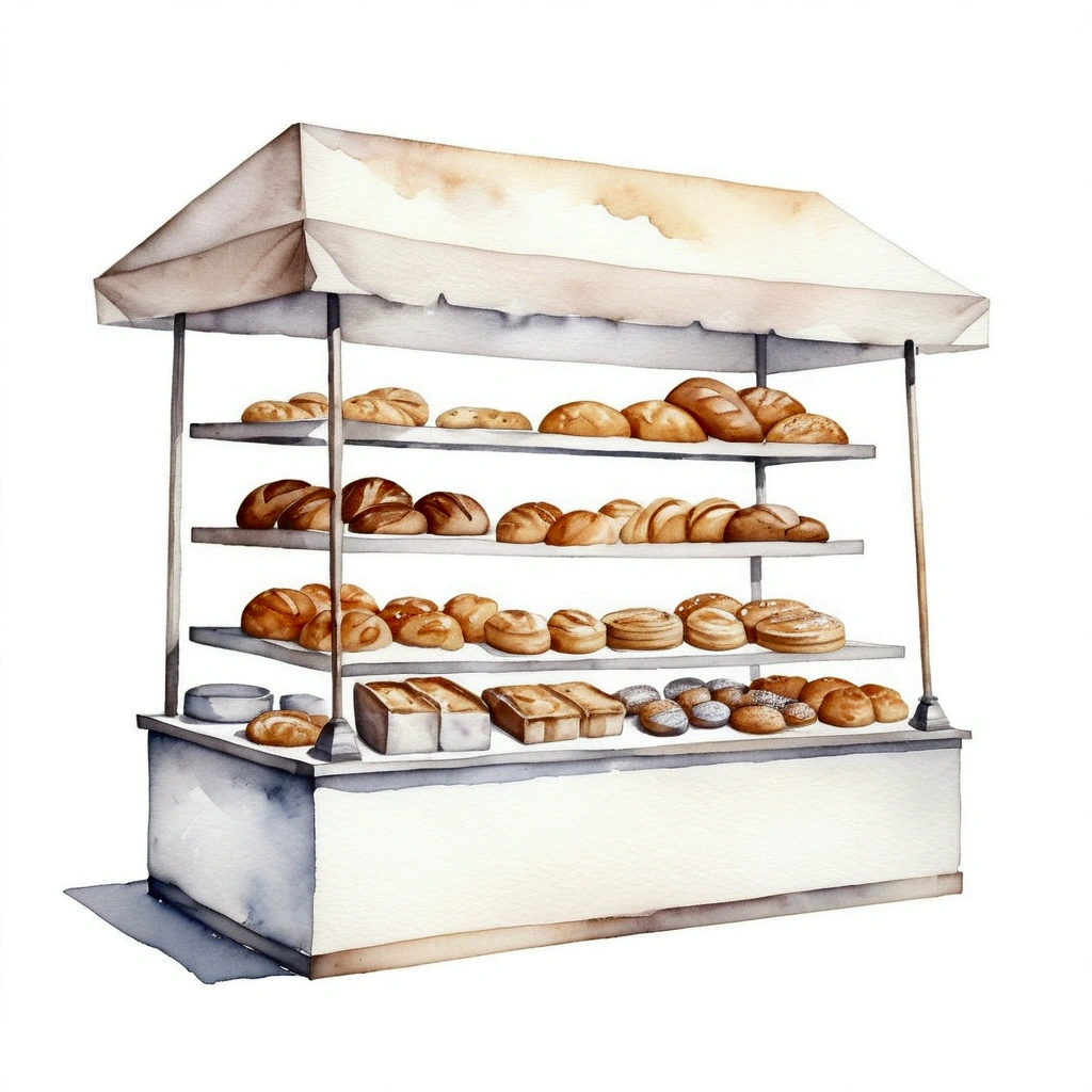 Stand de restauration d&#39;une seule boulangerie, de nombreux types de pain complet, illustration de gâteau, ingrédients de pâtisserie, isolé avec un fond blanc uni, entouré d&#39;un espace négatif, composition centrée, 8k, peinture la plus détaillée, peinture très précise, Isolé, fond blanc uni clair, angle de vue en perspective, style dessin animé, ((aquarelle:1)), clipart, (lora:ajouter-détail-xl:1), (chef-d&#39;œuvre), (Meilleure qualité),