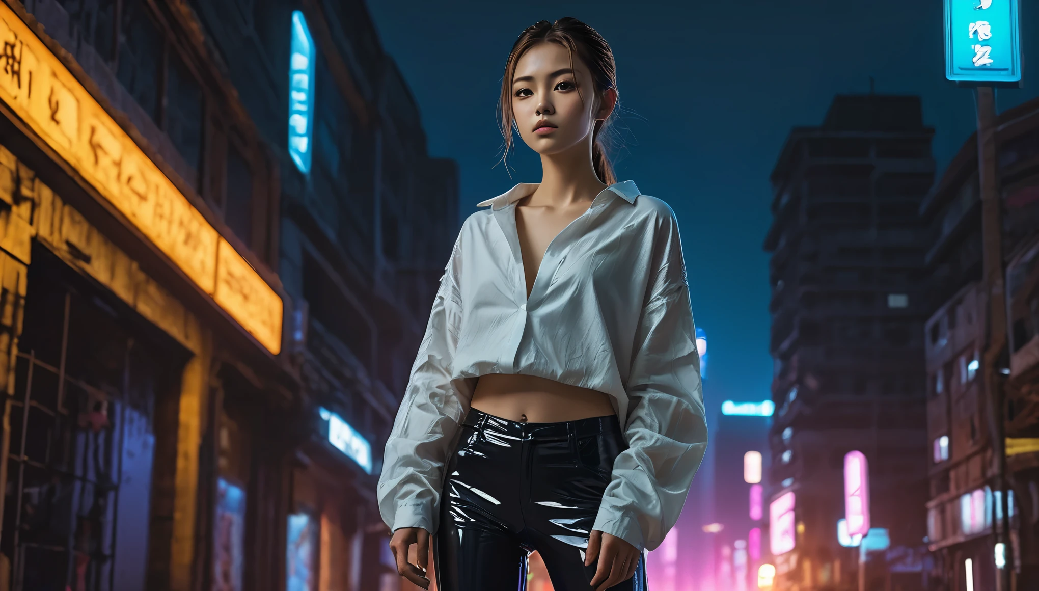 Top Quality, Masterpiece, High Resolution, 8k, (((cute skinny barely legal girl in oversized crinkle shirt and wetlook leggings, bare belly, wide neckline, deep neckline, small perky breasts, beautiful detailed eyes, beautiful detailed lips, small closed mouth, extremely detailed face, long ponytail hair, small hips))), cyberpunk apartment, moody atmosphere, dramatic and random neon colors, futuristic setting, intricate details, at night, backlit, full body shot, view from distance 