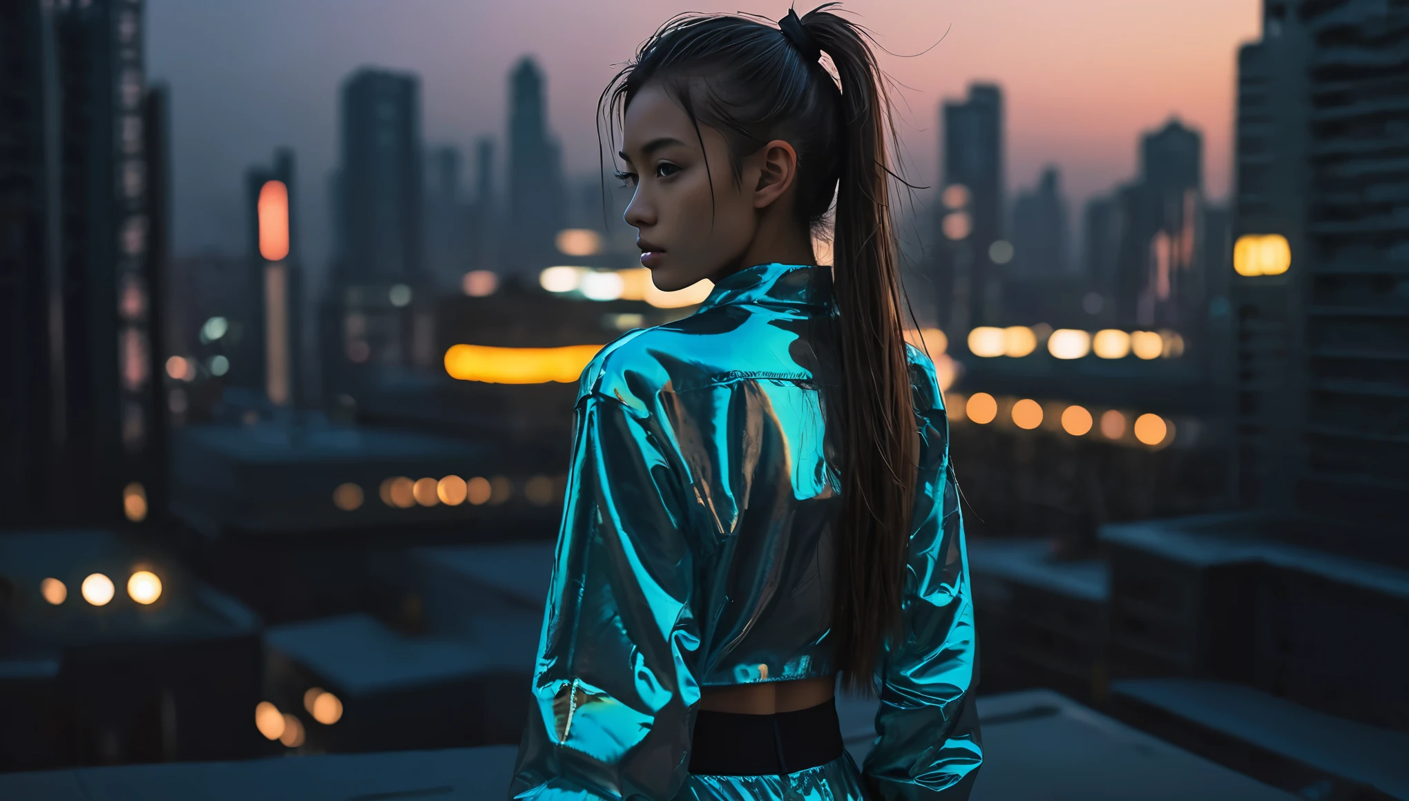 Top Quality, Masterpiece, High Resolution, 8k, (((cute skinny barely legal girl in oversized crinkle shirt and wetlook leggings, bare belly, wide neckline, deep neckline, small perky breasts, beautiful detailed eyes, beautiful detailed lips, small closed mouth, extremely detailed face, long ponytail hair, small hips))), cyberpunk apartment, moody atmosphere, dramatic and random neon colors, futuristic setting, intricate details, at night, backlit, full body shot, view from distance 