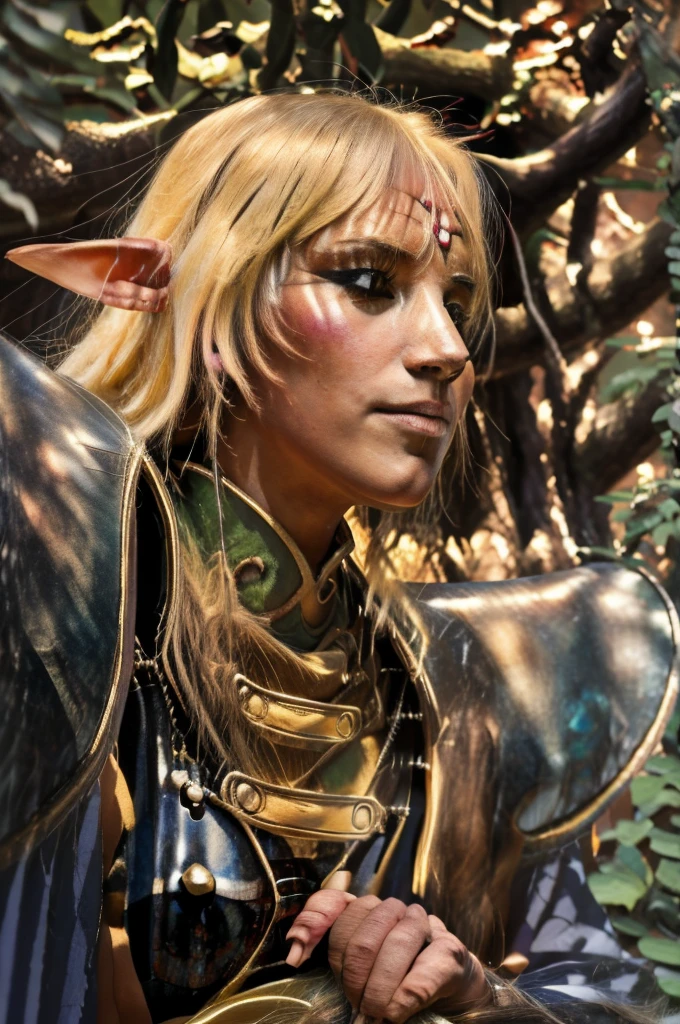 1girl, blond elf Deedlit from Record of Lodoss War, sitting gracefully on an ancient stone bench, playing her lute, long hair and cloak gently fluttering in the soft breeze, dappled sunlight, detailed face and eyes, extremely detailed intricate ornate details, (best quality,4k,8k,highres,masterpiece:1.2),ultra-detailed,(realistic,photorealistic,photo-realistic:1.37),fantasy,cinematic lighting,warm color tones,detailed wood texture,highly detailed stone texture,cinematic composition,intricate detailed background