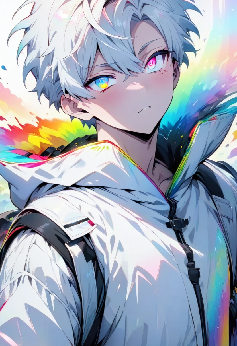 [(WHITE BACKGROUND:1.5)], ((masterpiece)), high quality, ((solo)), ((1 younger boy)), (white color short hair), (rainbow color eye), bright skin, white parka, upper body, ((anime style)),