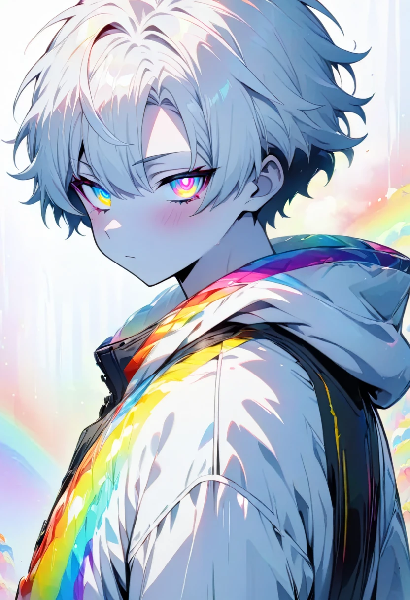 [(WHITE BACKGROUND:1.5)], ((masterpiece)), high quality, ((solo)), ((1 younger boy)), (white color short hair), (rainbow color eye), bright skin, white parka, upper body, ((anime style)),