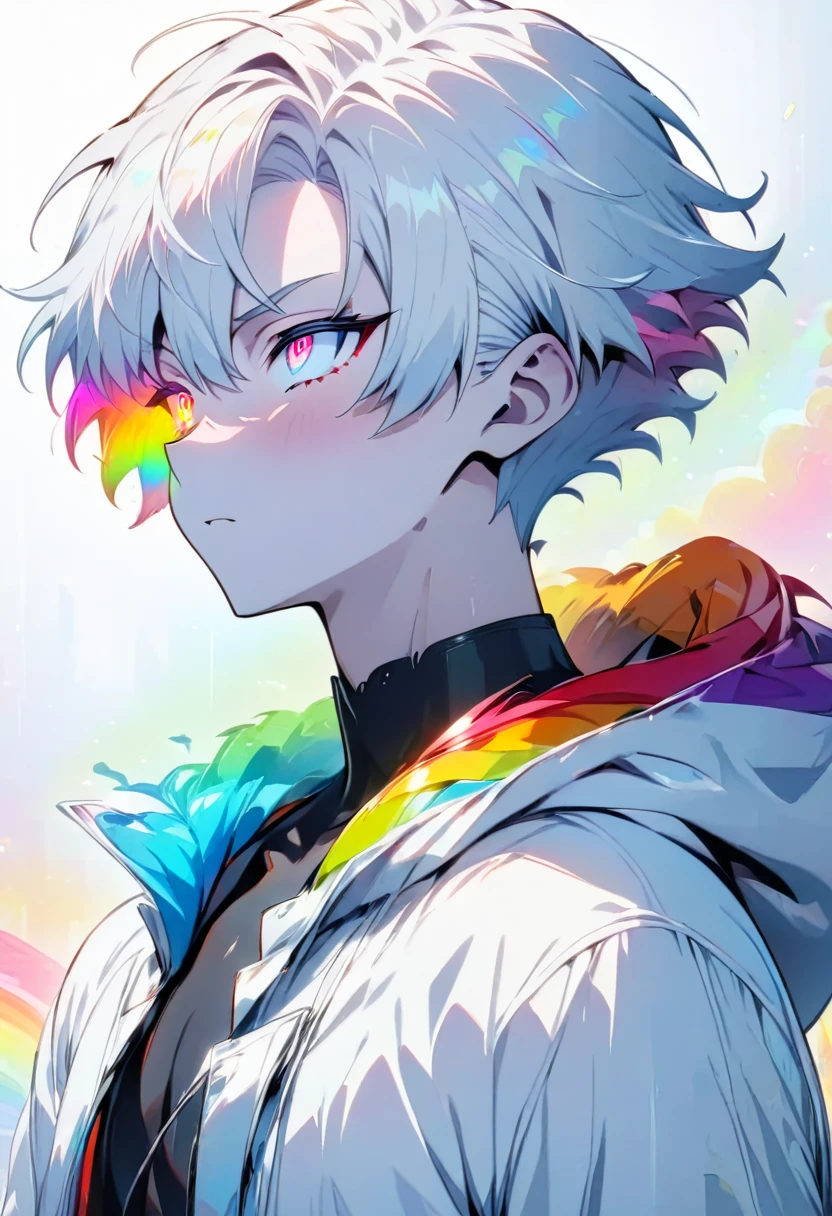 [(WHITE BACKGROUND:1.5)], ((masterpiece)), high quality, ((solo)), ((1 younger boy)), (white color short hair), (rainbow color eye), bright skin, white parka, upper body, ((anime style)),