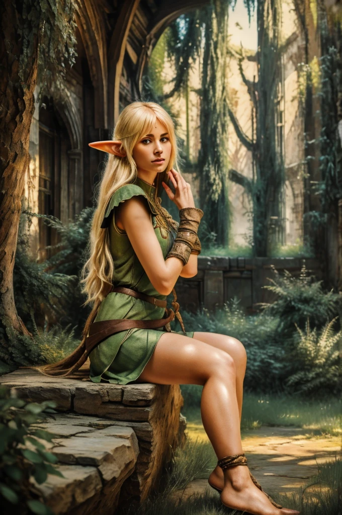 1girl, blond elf Deedlit from Record of Lodoss War, sitting gracefully on an ancient stone bench, playing her lute, long hair and cloak gently fluttering in the soft breeze, dappled sunlight, detailed face and eyes, extremely detailed intricate ornate details, (best quality,4k,8k,highres,masterpiece:1.2),ultra-detailed,(realistic,photorealistic,photo-realistic:1.37),fantasy,cinematic lighting,warm color tones,detailed wood texture,highly detailed stone texture,cinematic composition,intricate detailed background
