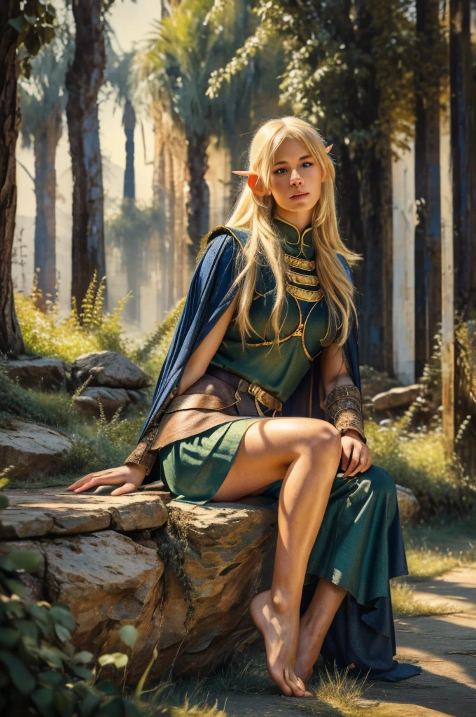 1girl, blond elf Deedlit from Record of Lodoss War, sitting gracefully on an ancient stone bench, playing her lute, long hair and cloak gently fluttering in the soft breeze, dappled sunlight, detailed face and eyes, extremely detailed intricate ornate details, (best quality,4k,8k,highres,masterpiece:1.2),ultra-detailed,(realistic,photorealistic,photo-realistic:1.37),fantasy,cinematic lighting,warm color tones,detailed wood texture,highly detailed stone texture,cinematic composition,intricate detailed background