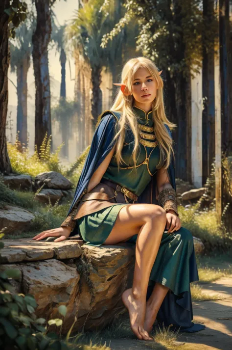 1girl, blond elf Deedlit from Record of Lodoss War, sitting gracefully on an ancient stone bench, playing her lute, long hair an...
