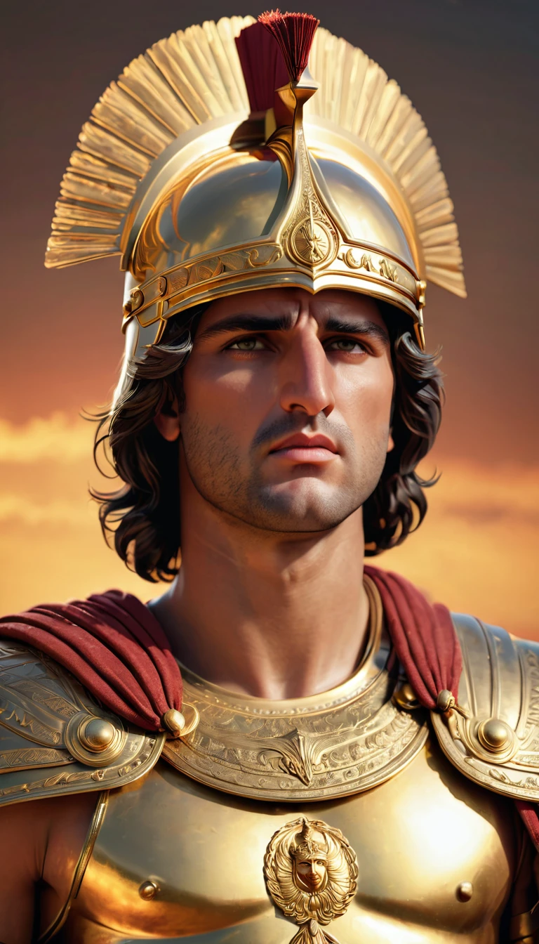 "صورة واقعية للإسكندر الأكبر, قائد عسكري يوناني قديم, يرتدي الدروع والخوذة المقدونية التقليدية, بتعبير محدد, مفصلة ودقيقة تاريخيا."
