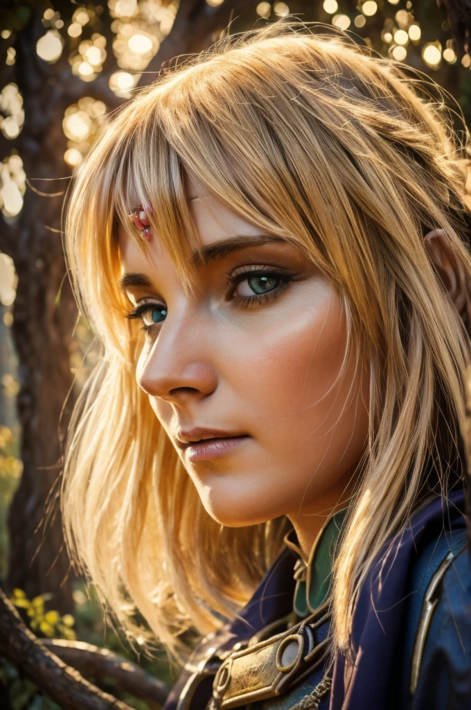 1girl, blond elf Deedlit from Record of Lodoss War, long hair and cloak gently fluttering in the soft breeze, dappled sunlight, detailed face and eyes, extremely detailed intricate ornate details, (best quality,4k,8k,highres,masterpiece:1.2),ultra-detailed,(realistic,photorealistic,photo-realistic:1.37),fantasy,cinematic lighting,warm color tones,detailed wood texture,highly detailed stone texture,cinematic composition,intricate detailed background