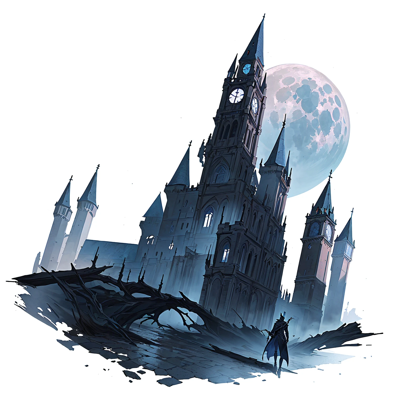 There is a black and white photo，Above is a castle with a bell tower, shadowy castle background, Castle scene cartoon,Fifth personality style,Anime style， Dark Castle Background, Moon Painted Tower, Inspired by Castlevania, Dark Castle Setting, Bloodborne Art, Bloodborne Cathedral, background technology, Gothic castle, Bloodborne concept art, Bloodborne style, Hollow Knight concept art, scarry castle). mystery