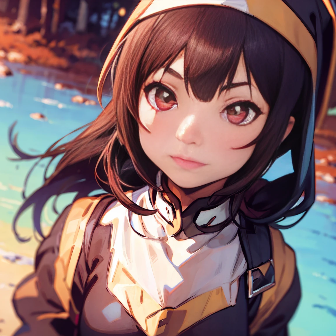 (((megumin dressed as a nun))), ((brown hair)), ((red eyes)), medieval, fantasy, magic, dungeons and dragons, ember particles, particles, flares, sharpened, chromatic aberration, masterpiece:6, best quality:5, realistic hands, (((split complementary palette))), bokeh, light, rim lighting:1, post processing, dslr, wide angle shot, in the style of Ilya Kuvshinov