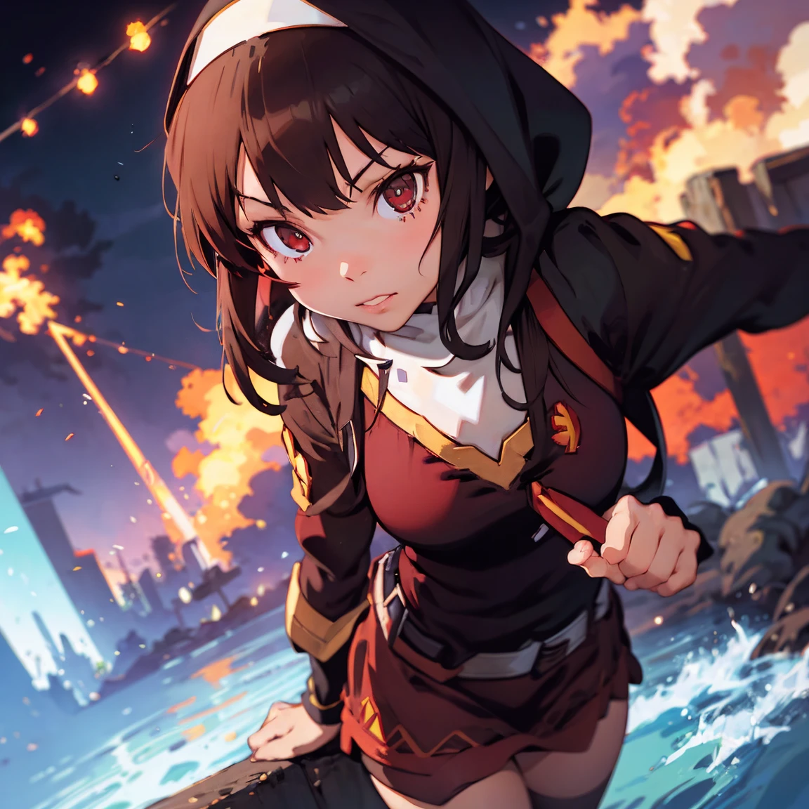 (((megumin dressed as a nun))), ((brown hair)), ((red eyes)), medieval, fantasy, magic, dungeons and dragons, ember particles, particles, flares, sharpened, chromatic aberration, masterpiece:6, best quality:5, realistic hands, (((split complementary palette))), bokeh, light, rim lighting:1, post processing, dslr, wide angle shot, in the style of Ilya Kuvshinov