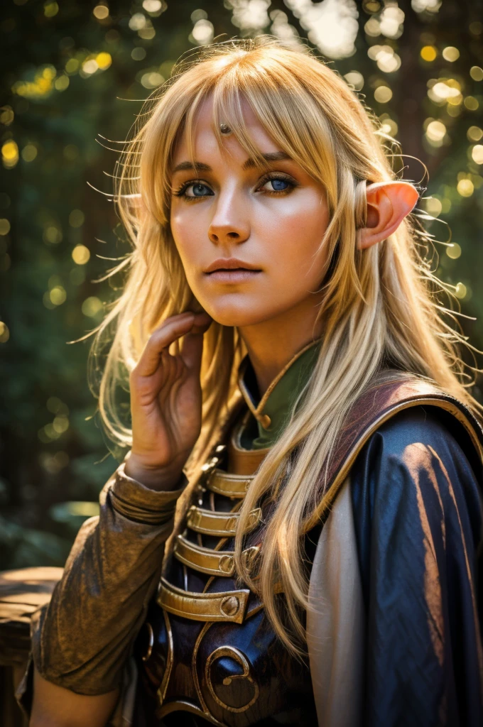 1girl, blond elf Deedlit from Record of Lodoss War, long hair and cloak gently fluttering in the soft breeze, dappled sunlight, detailed face and eyes, extremely detailed intricate ornate details, (best quality,4k,8k,highres,masterpiece:1.2),ultra-detailed,(realistic,photorealistic,photo-realistic:1.37),fantasy,cinematic lighting,warm color tones,detailed wood texture,highly detailed stone texture,cinematic composition,intricate detailed background