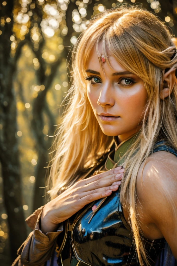 1girl, blond elf Deedlit from Record of Lodoss War, long hair and cloak gently fluttering in the soft breeze, dappled sunlight, detailed face and eyes, extremely detailed intricate ornate details, (best quality,4k,8k,highres,masterpiece:1.2),ultra-detailed,(realistic,photorealistic,photo-realistic:1.37),fantasy,cinematic lighting,warm color tones,detailed wood texture,highly detailed stone texture,cinematic composition,intricate detailed background