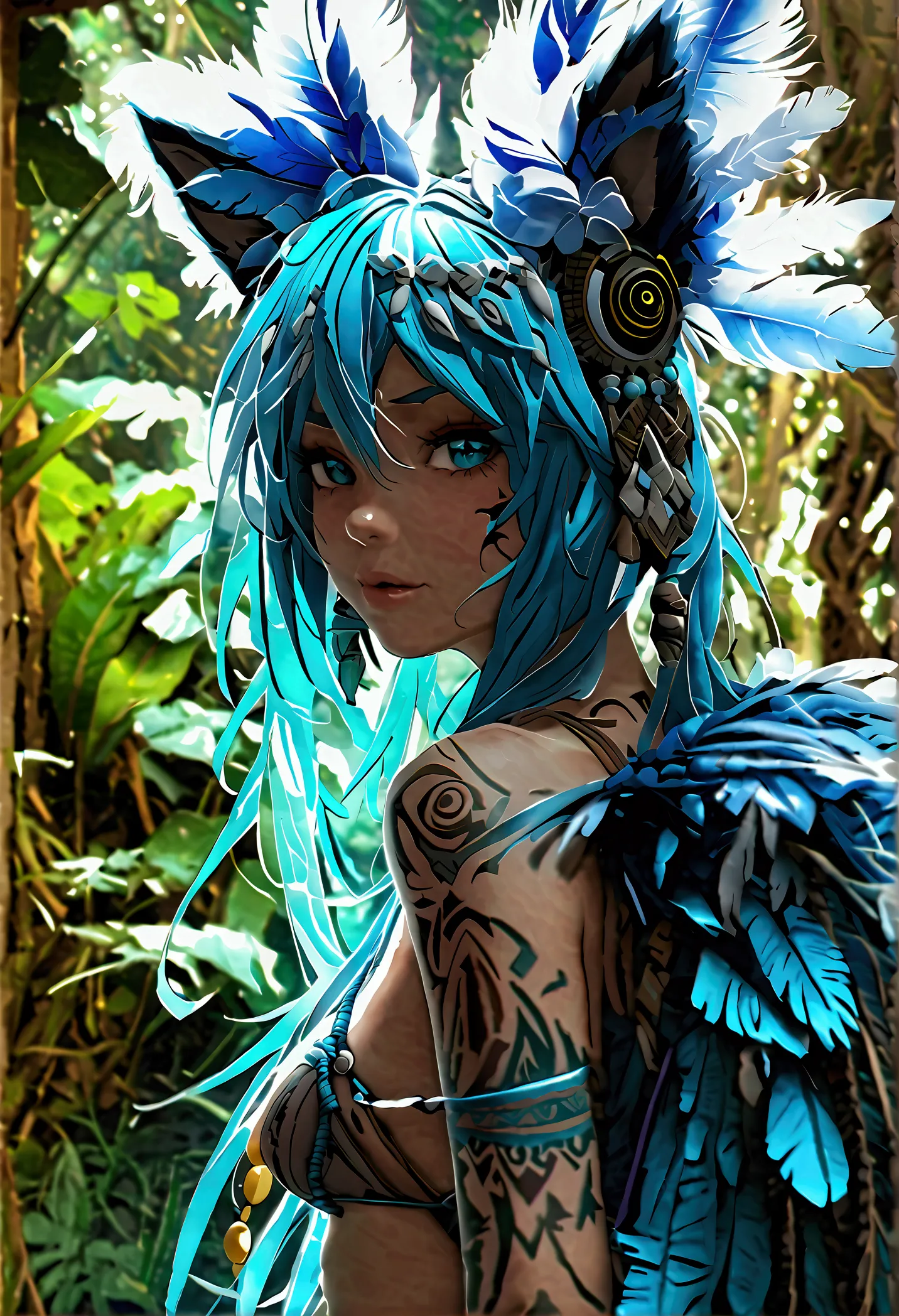 Miku Hatsune, add high definition add_detail:1, blue fur,kitsune ears, tribal tattoo add_detail:1, in ruins in the jungle, baref...