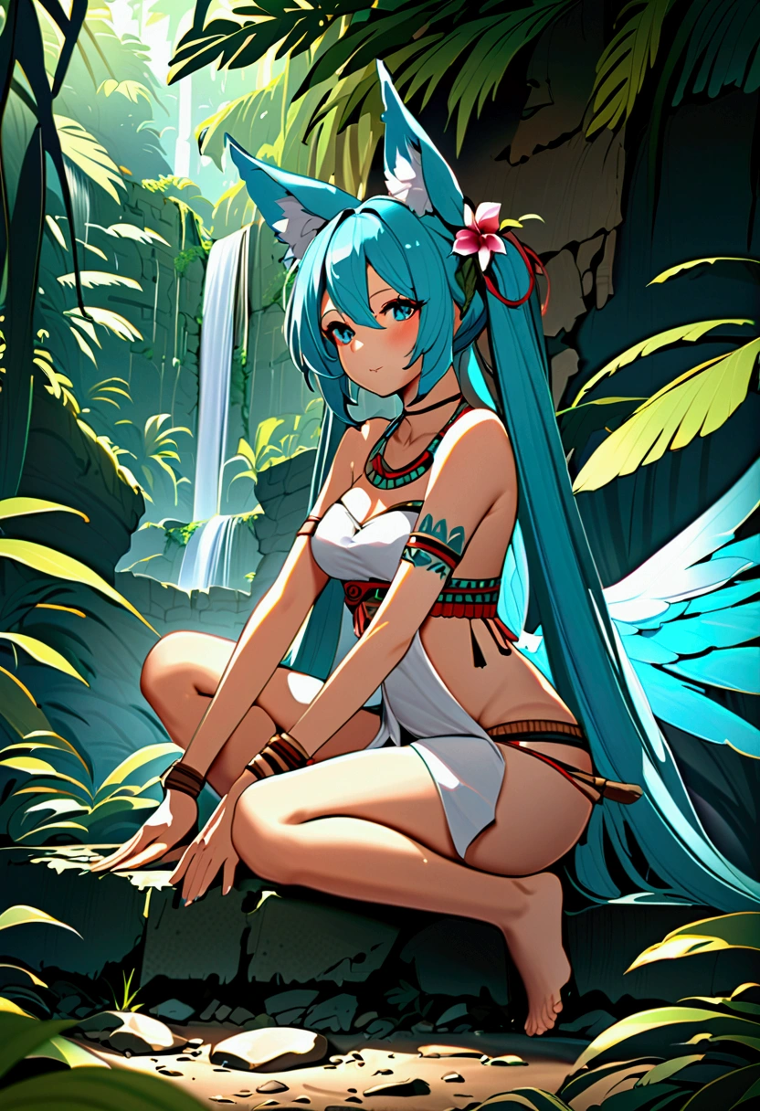 Miku Hatsune, adicionar alta definição adicionar_detalhe:1, pele azul,orelhas kitsune, tatuagem tribal adicionar_detalhe:1, em ruínas na selva, pés descalços, traje tribal adicionar_detalhes:1, asas gigantes de penas de água-marinha_detalhesl:1 ,alas hermosas la mejor calidad y detalhe en las plumas, adicione luz de saturação azul_detalhesl, pose sensual