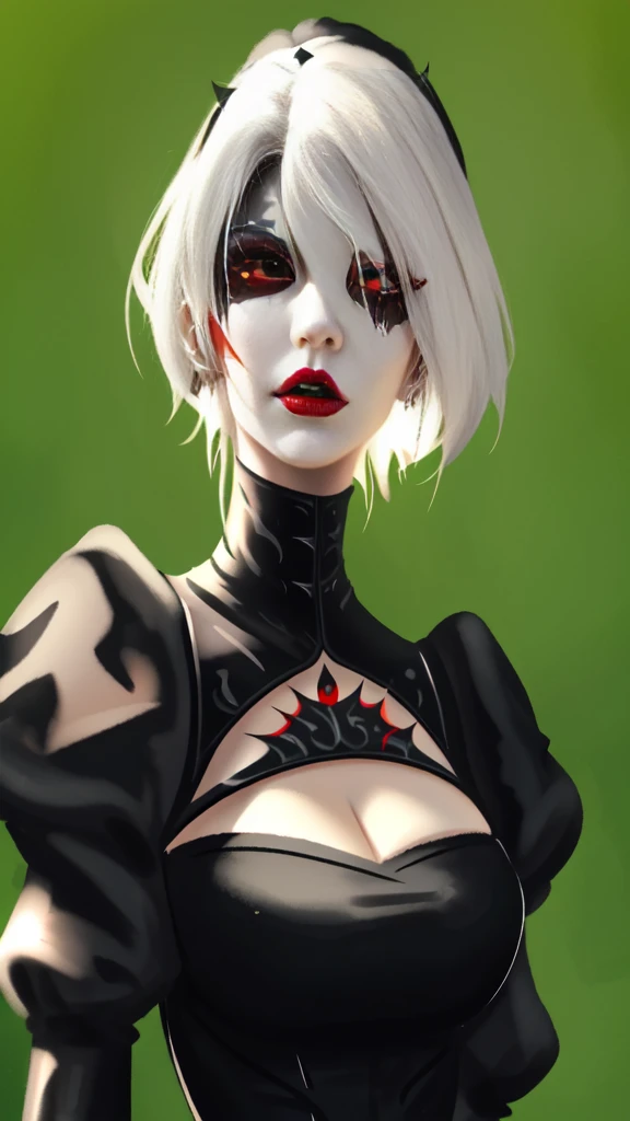 A closeup of a woman wearing a black and red suit, vampire of clan lasombra, with black metal face paint, dark gothic queen, hyper-gothic, Terrifying Queen of Death, Vampire Queen, gothic woman, beautiful female vampire queen, very beautiful gothic top model, female vampire, gothic maiden, goth face, sinister appearance, in WLOP style