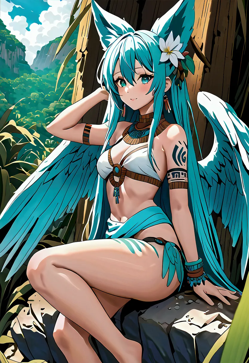 Miku Hatsune, add high definition add_detail:1, blue fur,kitsune ears, tribal tattoo add_detail:1, in ruins in the jungle, baref...