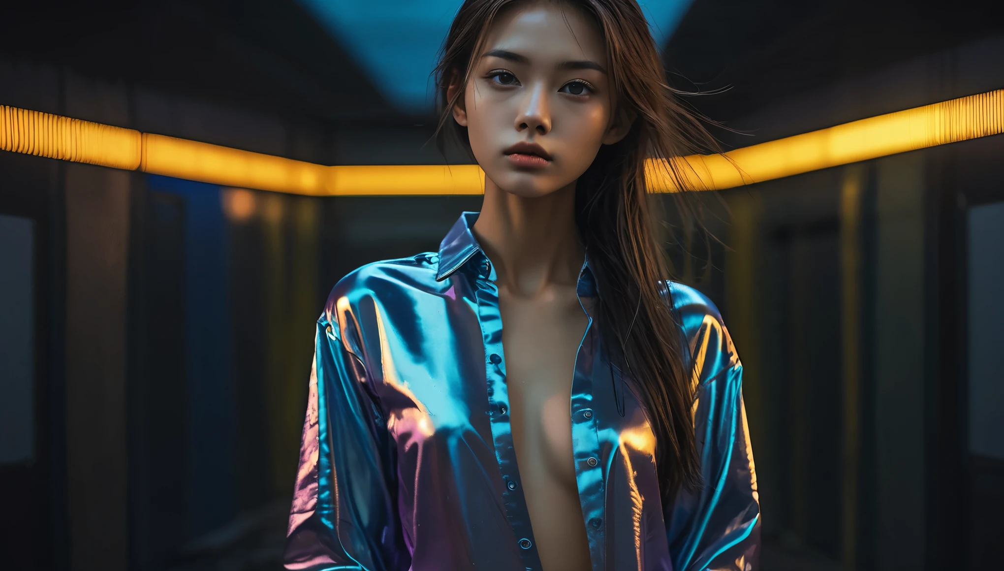 Top Quality, Masterpiece, High Resolution, 8k, (((cute skinny barely legal girl in oversized crinkle shirt and wetlook leggings, bare belly, wide neckline, deep neckline, small perky breasts, beautiful detailed eyes, beautiful detailed lips, small closed mouth, extremely detailed face, long ponytail hair, small hips))), cyberpunk apartment, moody atmosphere, dramatic and random neon colors, futuristic setting, intricate details, at night, backlit, full body shot, view from distance 