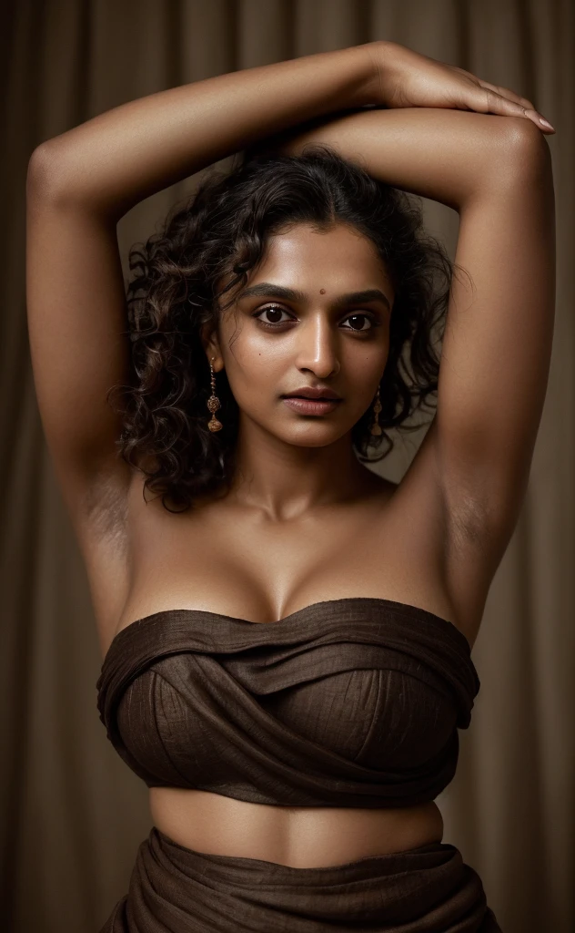 Looks like depeeka padukone, a photo portrait of a beautiful girl with curls, styled black hair, (face portrait:1.5), dramatic light, Rembrandt lighting scheme, bust shot, linen cloth, top quality editorial photograph, skin texture, skin pores, chocolate skin, with huge  and ass , wearing bra,high quality skin, top quality photography, professional photography, professional retouching, insane detailing, warm moody tones, 