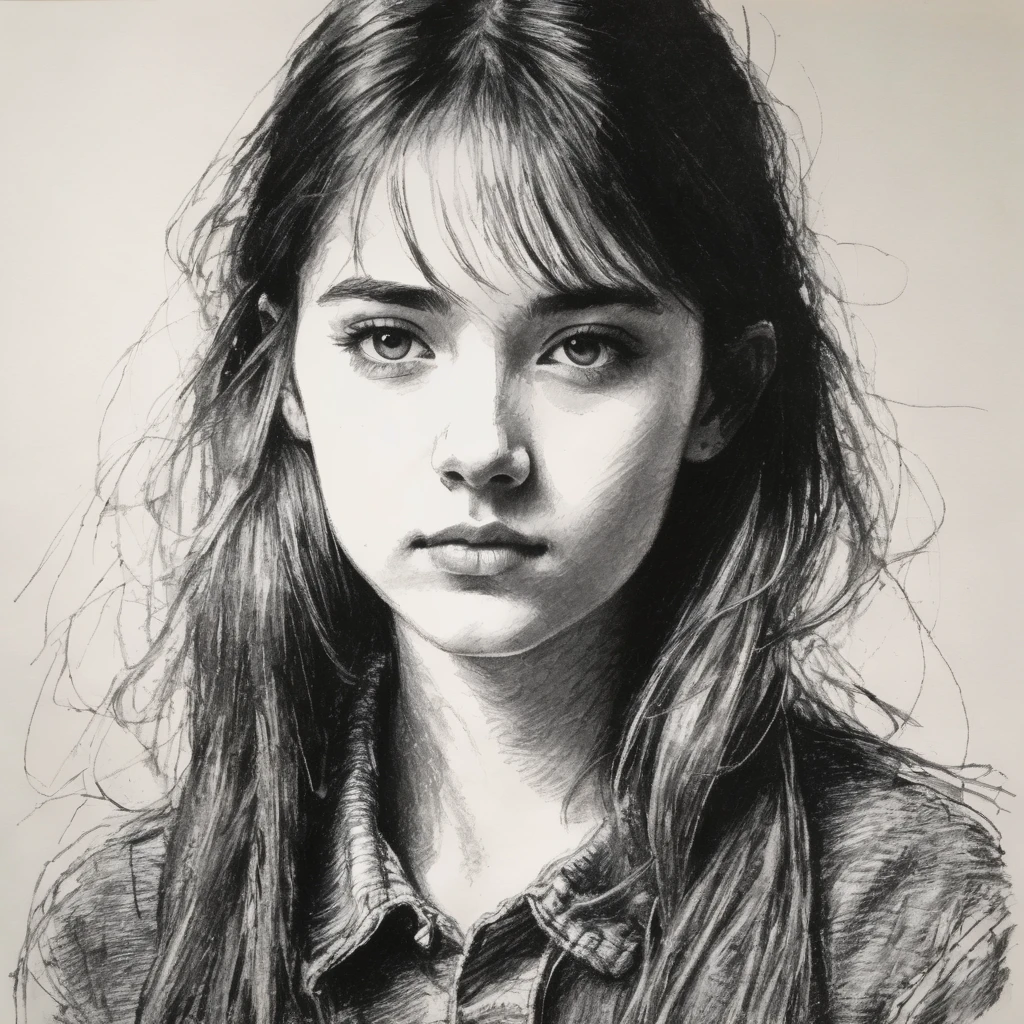 Girl staring at the viewer, early teens, pose from head to shoulder, rough ballpoint pen sketch drawn in hatching technique, centering, (white background)), masterpiece
