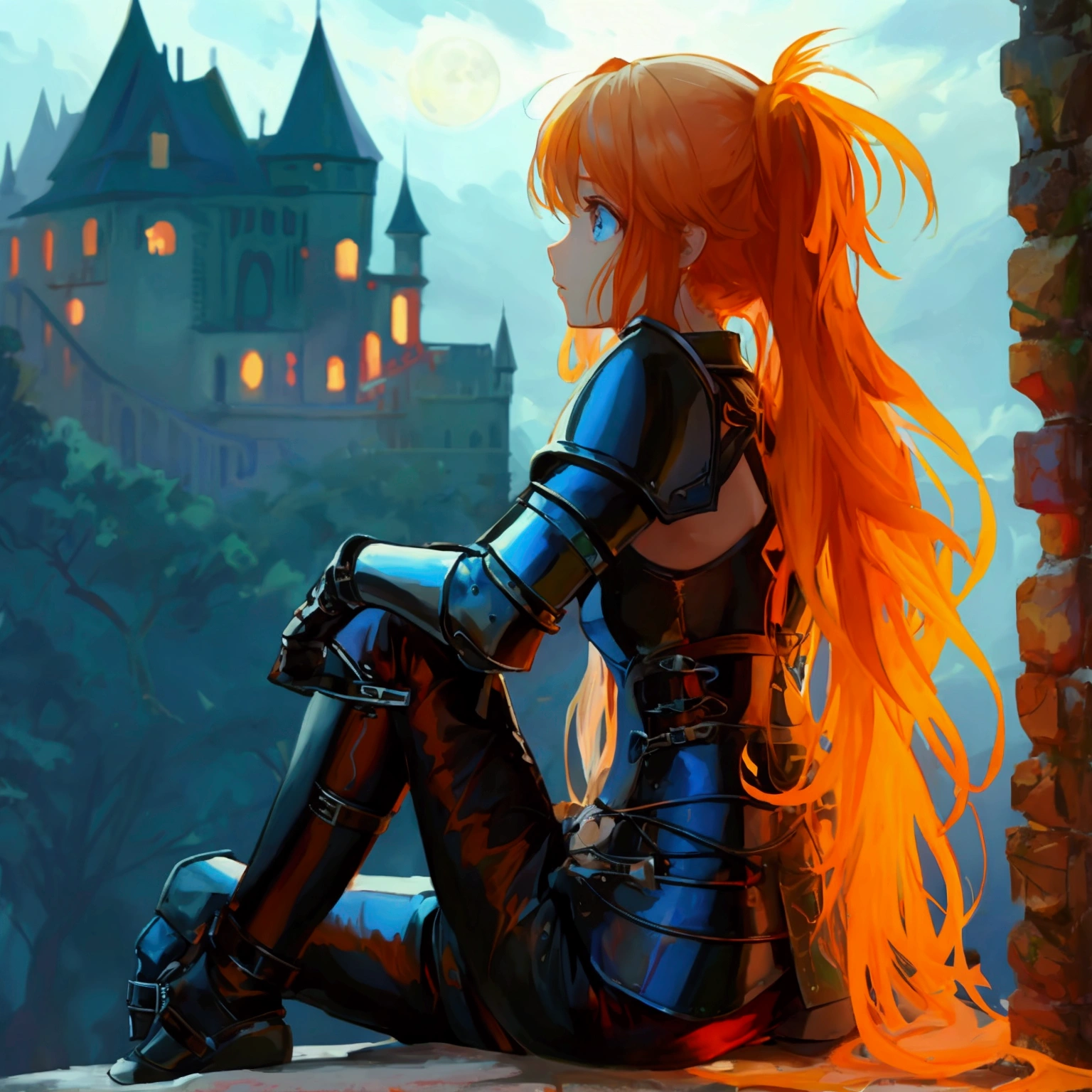 (best quality, masterpiece:1.1),   full body, sideview,  (facing up:1.2), looking up, (1female), benevolent face, orange hair, very long hair, wavy hair,        rogue, corset shirt, (red leather pants:1.1), (straps buckles:1.2), armor, ( Dreamlike Nightscape, Gothic Castle Under Full Moon, Dark Bara Tree, Bats Flying Above, Sitting On The Top Castle Wall, (fantasy, medieval, ancient)),