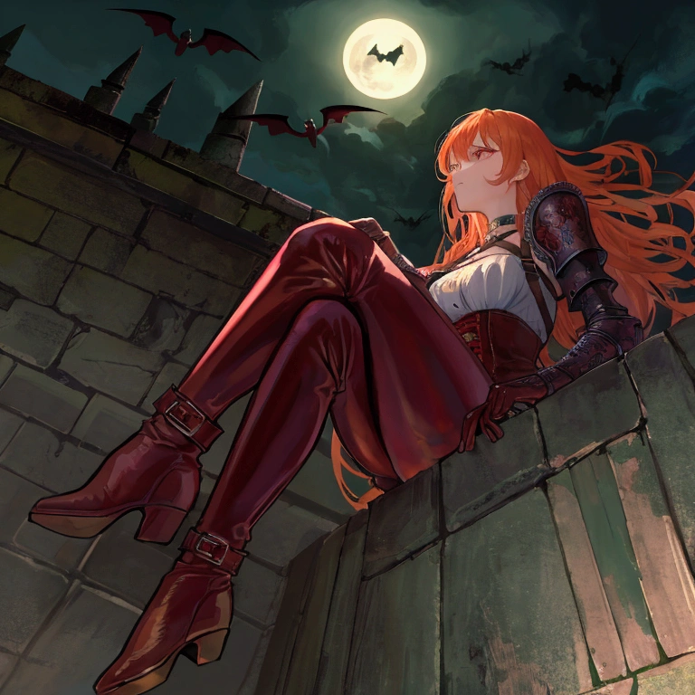 (best quality, masterpiece:1.1),   full body, sideview,  (facing up:1.2), looking up, (1female), benevolent face, orange hair, very long hair, wavy hair,        rogue, corset shirt, (red leather pants:1.1), (straps buckles:1.2), armor, ( Dreamlike Nightscape, Gothic Castle Under Full Moon, Dark Bara Tree, Bats Flying Above, Sitting On The Top Castle Wall, (fantasy, medieval, ancient)),