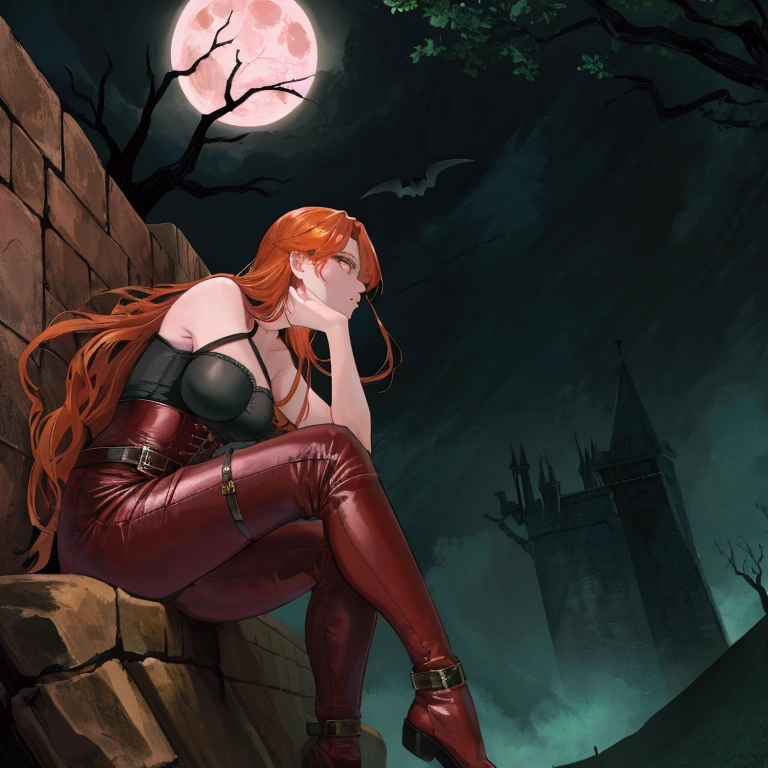 (best quality, masterpiece:1.1),   full body, sideview,  (facing up:1.2), looking up, (1female), benevolent face, orange hair, very long hair, wavy hair,        rogue, corset shirt, (red leather pants:1.1), (straps buckles:1.2), armor, ( Dreamlike Nightscape, Gothic Castle Under Full Moon, Dark Bara Tree, Bats Flying Above, Sitting On The Top Castle Wall, (fantasy, medieval, ancient)),