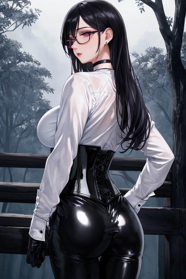 Masterpiece, Beautiful art, professional artist, 8k, Very detailed face, Detailed clothing, detailed fabric, 1 girl, view from behind, perfect ass, standing, crossed arms, pose sexy, BIG BREASTS, perfectly drawn body, shy expression, pale skin, beautiful face, long black hair, 4k eyes, very detailed eyes, pink cheeks, glasses, choker:1.6, (white long sleeve button down shirt with white collar), black gloves, gloves that cover hands, (black leather corset), (shiny black leggings), Sensual Lips, show details in the eyes, dark forest, Atmosphere, fog, At night