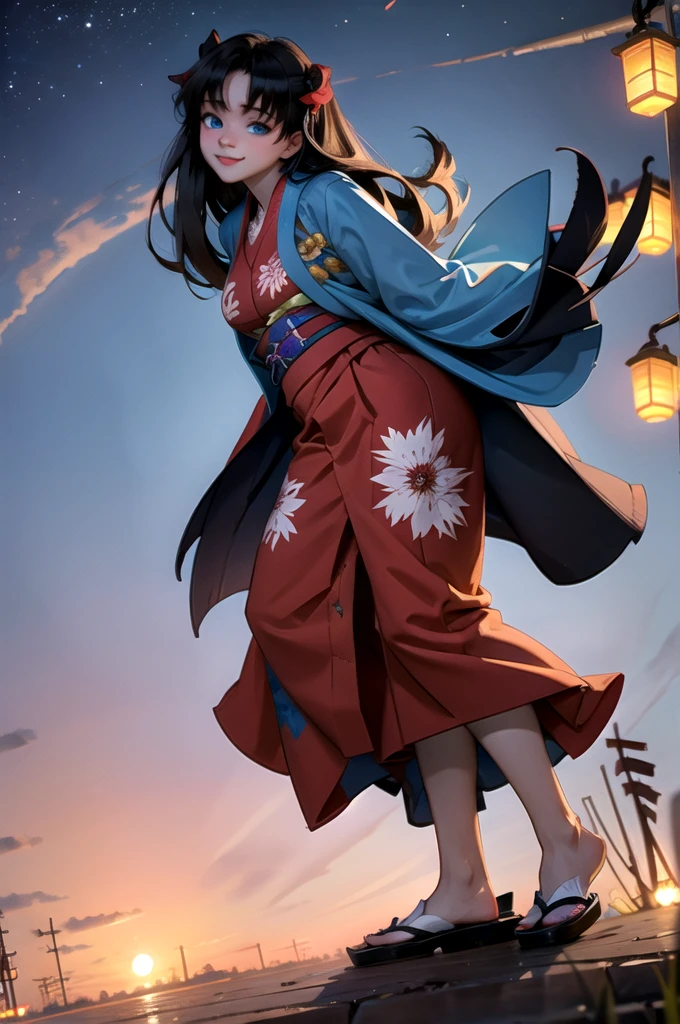 (masterpiece),futanari, Highest quality, High resolution, Super detailed, One girl, Tohsaka Rin, alone, Long Hair,, blue eyes, Both sides up, Black Hair, summer, night, night sky, summer festival, Aerial fireworks, red, Floral print, kimono, kimono, yukata, heart, Leaning forward, View your viewers, Put your arms behind your back, Tilt your head, red面, A light smile, 