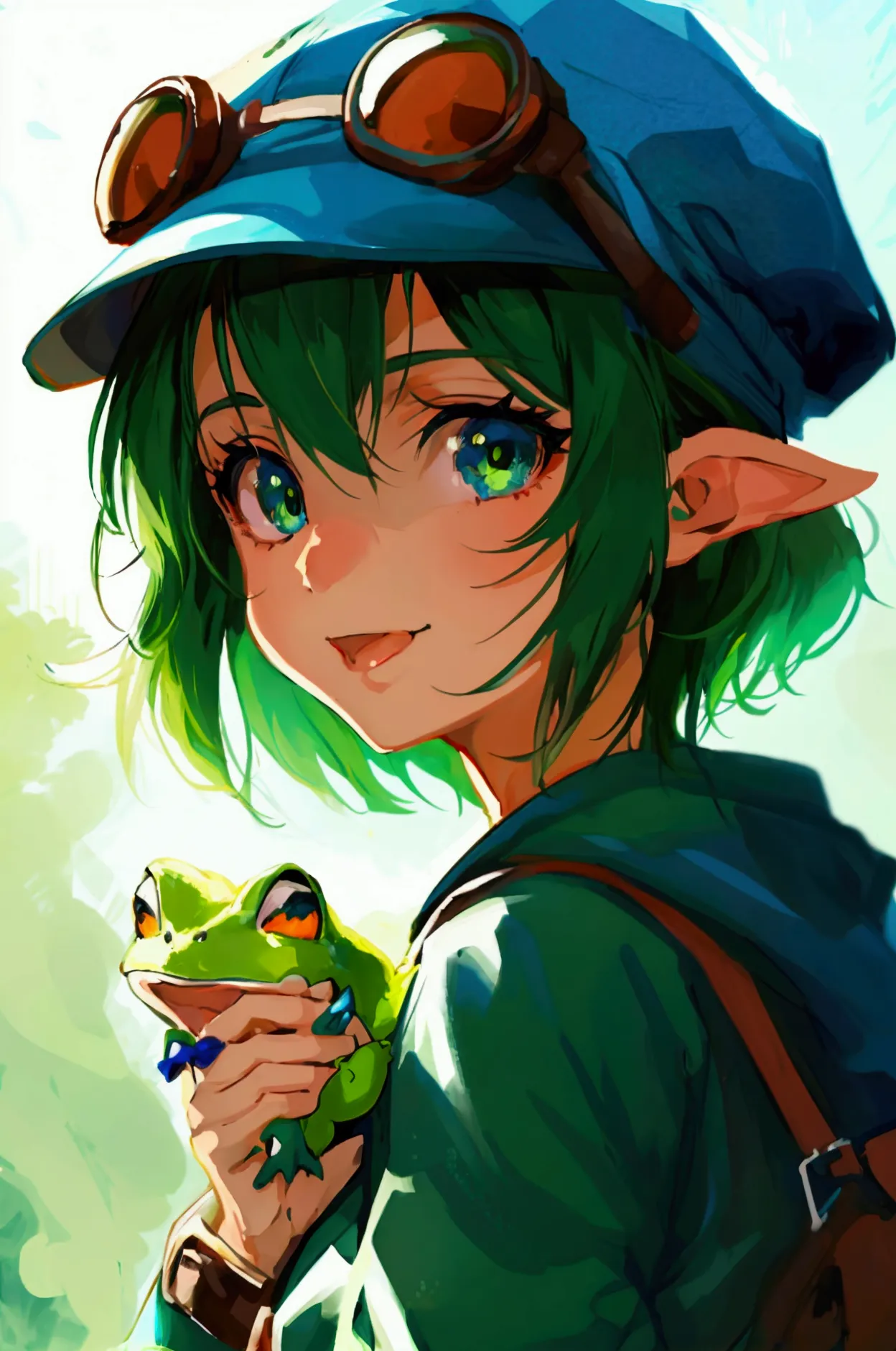 anime girl with green eyes and a green hat making a peace sign., with a cute toad, makoto, cute anime face, female protagonist 👀...