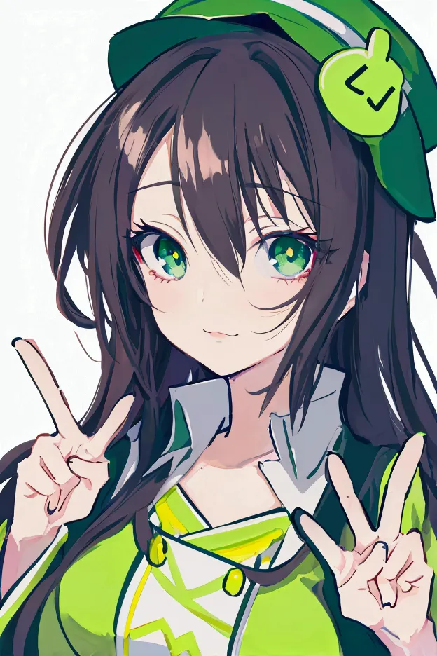 anime girl with green eyes and a green hat making a peace sign., with a cute toad, makoto, cute anime face, female protagonist 👀...