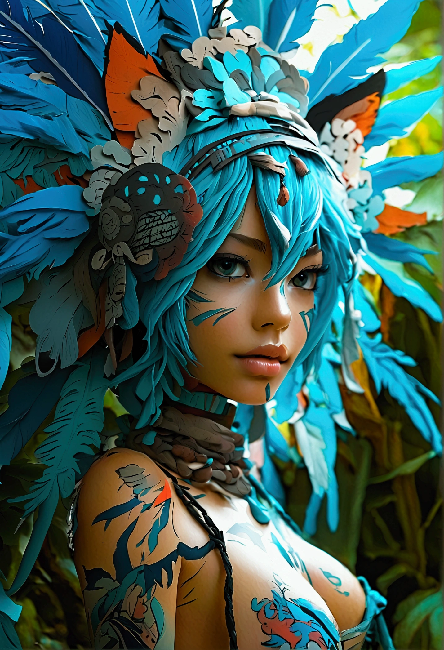 Miku Hatsune, add high definition add_detail:1, blue fur,kitsune ears, tribal tattoo add_detail:1, in ruins in the jungle, barefoot, tribal costume add_details:1, giant aquamarine feather wings_detailsl:1 ,alas hermosas la mejor calidad y detail en las plumas, add blue saturation light_detailsl, sensual pose