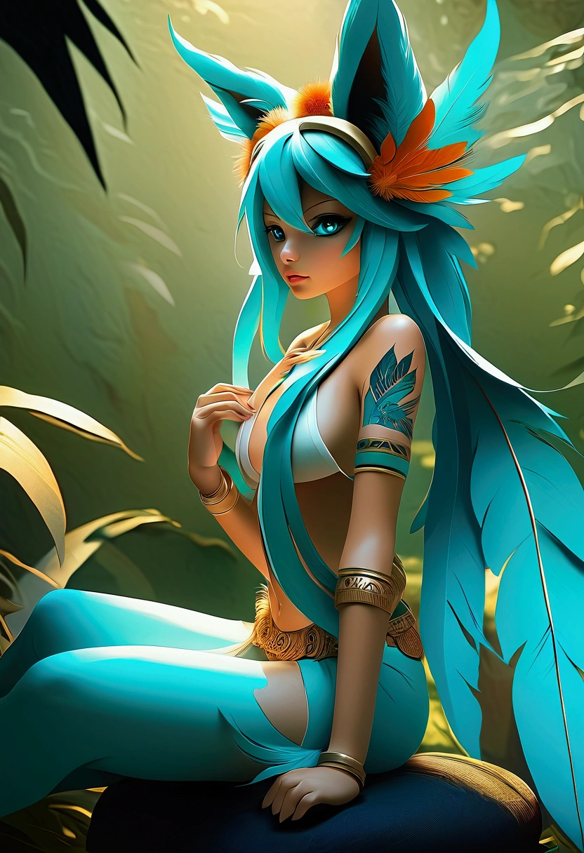 miku hatsune, ajouter la haute définition ajouter_détail:1, fourrure bleue,oreilles de kitsune, tatouage tribal ajouter_détail:1, en ruines dans la jungle, pieds nus, costume tribal ajouter_détails:1, ailes géantes en plumes d&#39;aigue-marine_détailsl:1 ,alas hermosas la mejor calidad y détail en las plumas, ajouter une lumière de saturation bleue_détailsl, pose sensuelle